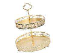 Jiawu Double Layer Pastry Tray, Gold Copper Dessert Display Plate with Smooth and Large Storage Space for Wedding Party Home Decoration Biscuits Serving Tower Tray Round (Hollowed Out Vertical Grain)