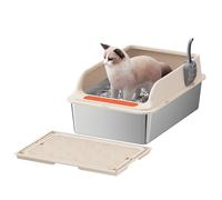 Jiawu Extra Large Kitty Litter Box, Stainless Steel Cat Litter Box with Lid, High Sided Enclosed Kitty Litter Pan, Splash Proof, Easy To Clean, 23.62 x 15.75 x 7.87in (Khaki)