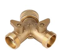 Jiawu Hose Tap Connector, Solid Brass 2 Way Valve Splitter Garden Two Way Ball Valve with Dual Independent Outlet Control for Garden Irrigation Watering Flowerbeds Lawns Vegetables (European Thread)