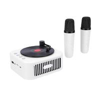 Jiawu Mini Karaoke Machine, Portable Bluetooth 5.3 HiFi Speakers with 2 Wireless Microphones and Voice Change, 5H Battery Life Retro Record Player Bluetooth Speakers for Party (White)