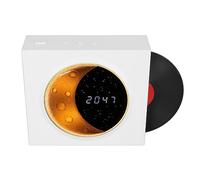 Jiawu Speaker Alarm Clock, Vintage Record Player Style Alarm Clock Radio, MP3 Music Player with Night Light & 1500mA Battery, Bedroom Decor (Moonlight White)