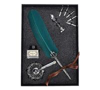 Jiawu Vintage Quill Pen Set for Calligraphy - Feather Dip Pen with 6 Replacement Nibs, Stamp, Holder & Ink Bottle, Antique Writing Students Teachers (Green)