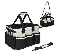 Jiawu Wearable Cleaning Caddy Bag, Kitchen Caddy Organizer with Handle & Shoulder Straps, Foldable Dividers, Built in Sturdy Support Board, Car Cleaning Supply Tote for Cleaners