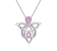 JiaYang 925 Sterling Silver Celtic Angel Necklace for Women, Trinity Knot Guardian Angel Pendant with October Tourmaline CZ, Irish Good Luck Gift