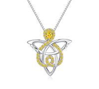 JiaYang 925 Sterling Silver Celtic Angel Necklace for Women, Trinity Knot Guardian Angel Pendant with November Citrine CZ, Irish Good Luck Gift