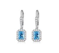 JiaYang 925 Sterling Silver Princess Cut Halo Drop Earrings Leverback Square March Aquamarine 3-Stone Jewelry Gifts for Women