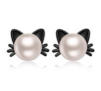 JiaYang Black Gold Cat Pearl Earrings for Women Sterling Silver Cats Stud Earrings with White Pearls Cute Kitty Cat Animal Earrings for Daughter Girls