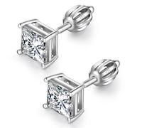 JiaYang Square Diamond Men's Stud Earrings, Sterling Silver, 6MM, Screw Back, CZ Diamond, Princess Cut, Unisex, Everyday Wear
