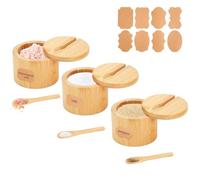Jiayaus 3Pcs Bamboo Salt and Pepper Box, Salt Cellar with Swivel Lid and Spoon, Salt Pot with 8pcs Label Stickers, Wooden Salt Container, Salt Bowl for Kitchen to Storage Pepper Sugar Herbs Seasonings