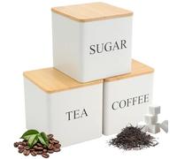 Jiayaus 3PCS Tea Sugar Coffee Canister Set, 500ml Kitchen Tins with Airtight Bamboo Lids, Stackable Storage Jar Suitable for Coffee Beans, Tea, Sugar, Flavourings, Cereals, Snacks
