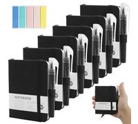 Jiayaus 6PCS Pocket Notebook, A7 Black Lined Journal Notebook with 6 Pen and Sticky Notes, Portable Leather Mini Notepads with Elastic Band, Small Notebooks for Writing, Office, Outdoor(200 Pages)