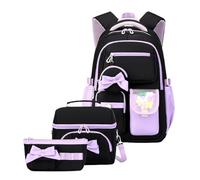 JiaYou Girls Kawaii School Backpack Multi Zip Nylon Bow Pom Window Pocket Fits 15.6 Inch Laptop Student Daypack, Lavender Black 3pc, 32 Liters, Preppy
