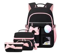 JiaYou Girls School Backpack Lunch Bag Pencil Case Set Bow Pom Window Padded Straps Polyester Cute Kawaii, Black Pink 3 Piece Set, 24 Liters, Casual