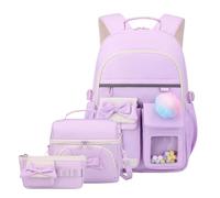 JiaYou Girls School Backpack Lunch Bag Pencil Case Set Bow Pom Window Padded Straps Polyester Cute Kawaii, Lilac Purple 3 Piece Set, 24 Liters, Casual