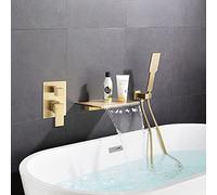 JiaYouJia Wall Mounted Bathtub Faucet Set with Handheld Shower Modern Single Handle Waterfall Spout Bath Filler Solid Brass in Brushed Gold