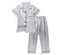 JiaYouLC Kids Pyjamas Girls Boys Short Sleeve Satin Pyjamas Button-Down Faux Silk Nightwear Children Sleepwear Teens Age 4-16 (UK, Age, 5 Years, 6 Years, Regular, Grey-B)