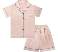 JiaYouLC Kids Pyjamas Girls Boys Short Sleeve Satin Pyjamas Button-Down Faux Silk Nightwear Children Sleepwear Teens Age 4-16 (UK, Age, 11 Years, 12 Years, Regular, Champagne)