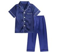 JiaYouLC Kids Pyjamas Girls Boys Short Sleeve Satin Pyjamas Button-Down Faux Silk Nightwear Children Sleepwear Teens Age 4-16 (UK, Age, 3 Years, 4 Years, Regular, Blue-B)