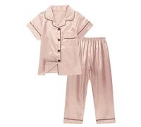 JiaYouLC Kids Pyjamas Girls Boys Short Sleeve Satin Pyjamas Button-Down Faux Silk Nightwear Children Sleepwear Teens Age 4-16 (UK, Age, 11 Years, 12 Years, Regular, Champagne-B)