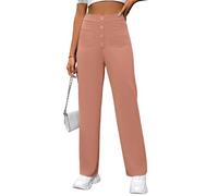 JiaYouLC Women's Straight Wide Leg Trousers with Multiple Pockets High Waisted Button Elasticated Casual Yoga Pants for Ladies UK (UK, Alpha, 3XL, Regular, Regular, Khaki-A)