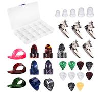 Jiayouy 25 Pcs Thumb Finger Picks Plectrum Set Stainless Steel Metal Celluloid Guitar Thumb Finger Picks + 5Pieces Silicone Finger Protectors with Plastic Case for Gutiar Bass Ukulele Mandolin Banjo