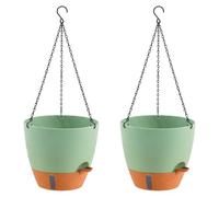 JIAYUET 2 Pack 10 Inch Self Watering Hanging Plant Pots, 25cm Green Plastic Hanging Baskets Drainage Holes for Indoor Outdoor Garden Home Decor Plants