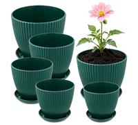 JIAYUET 6 Pack Plastic Plant Pots with Drainage Holes and Saucers, 19/17/15/13/11/9cm Matte Stripe Modern Decorative Flower Pots for Indoor Outdoor Plants