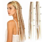 JIBMI 2 Pcs Clip In Braid Hair Extensions with Beads, Blonde Mix | Boho mixed braid textures, Decorative charms, Long tapered hair ends, Festival hair styling