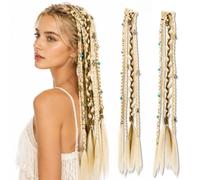 JIBMI 2 Pcs Clip In Braid Hair Extensions with Beads, Brown Mix | Boho mixed braid textures, Decorative charms, Long tapered hair ends, Festival hair styling