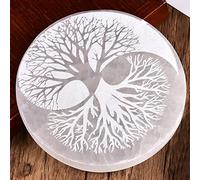 JIC Gem 5" Tree of Life Etched Selenite Charging Plate Round Engraved Selenite Slab Large Healing Crystal Charging Station