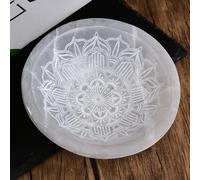 JIC Gem Etched Selenite Bowl Moroccan Selenite Crystal Stone Bowl Healing Crystals Charging Plate Round Engraved Mandala 3.5-4 inch