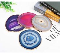 JIC Gem Mixed Color Agate Coasters Set of 4, Dyed Crystal Coaster for Drinks, Geode Coasters with Gold Edge, with Rubber Bumper,Agate Slice Stone Coasters for Coffee Table,Home Decor (3-4")