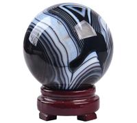 JIC Gem Natural Black Onyx Agate Crystal Ball, Round Decorative Ball with Healing Crystals and Wood Holder for Meditation Home Decoration, 60-70mm