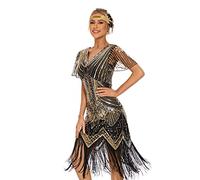 JICAGOM Women's Black and Gold Art Deco 1920s Style Beaded Embellished Sequin Dress with V-Neck, Backless, Knee-Length, Size S-XXXL
