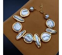 jiChenxiang Freshwater Cultured White Biwa Pearl Coin Pearl Gold plated Necklace Bracelet Earrings Sets
