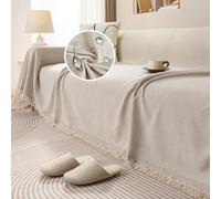 JIcloun Throws for Sofas Large Beige Sofa Throw Blanket Herringbone Chenille Tassels Blankets for Bed Settees Chair Slipcover Anti Scratch Couch Cover 1 2 3 4 Seater, 180 x 420 cm