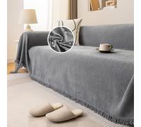 JIcloun Throws for Sofas Large Grey Sofa Throw Blanket Herringbone Chenille Tassels Blankets for Bed Settees Chair Slipcover Anti Scratch Couch Cover 1 2 3 4 Seater, 180 x 380 cm