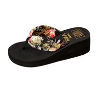 jiddhf Women'S Bohemian Flip-Flops Womens Floral Satin Fabric Strap Wedge Flip Flops High Platform Soft Eva Anti Slip Lightweight Beach Summer Thong Sandals
