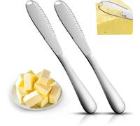 Jidyllic Stainless Steel Butter Knife Spreader 2 Pack,3-in-1 Cold Butter Spreader with Holes Serrated Edge Cheese Knife & Curler, Multifunctional Kitchen Gadgets for Toast Bread Jam, Silver