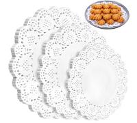 Jidyllic White Round Lace Paper,150 Pcs Round Paper Doilies Disposable Lace Doilies Decorative Paper Placemats Table Pads for Buffet Cake Fried Food Party Wedding Tableware Decoration, 3 Sizes