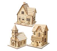 JIEBWCHA 3 Pieces LED Illuminated Christmas Village Houses 9/9.5cm Handcrafted Miniature Cottage Decor Battery Powered Button Control For Holiday Display, Window Decor, Gift Giving