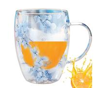 JIEBWCHA Dried Flowers Double-Layer Heat Insulation Glass Coffee Cup 350ml 11.3x8.5x5cm Dry Flowers Double Walled Glass Tea Cups with Anti-Scald Handle Crystal Coffee Mug for Friend Teacher Mum