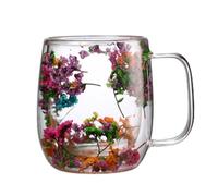 JIEBWCHA Dried Flowers Double Walled Glass Mugs with Handle 250-390ml Anti-Scald Tea Cup Coffee Dried Flower Double Wall Mug Heat Resistant Doubled Wall Art Coffee Mug for Tea, Juice, Milk