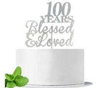 JIEEIN 100 Years Blessed & Loved Cake Topper for 100th Birthday, Wedding Anniversary Party Decorations Supplies, Double Sided Silver Glitter