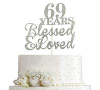 JIEEIN 69 Years Blessed & Loved Cake Topper for 69th Birthday, Wedding Anniversary Party Decorations - Double Sided Silver Glitter