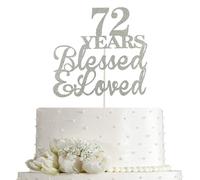 JIEEIN 72 Years Blessed & Loved Cake Topper for 72nd Birthday, Wedding Anniversary Party Decorations - Double Sided Silver Glitter