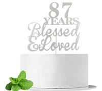 JIEEIN 87 Years Blessed & Loved Cake Topper for 87th Birthday, Wedding Anniversary Party Decorations Supplies, Double Sided Silver Glitter