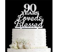JIEEIN 90 Years Loved & Blessed Cake Topper - 90th Birthday, Wedding Anniversary Party Decorations - Mirror Silver Acrylic