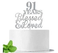 JIEEIN 91 Years Blessed & Loved Cake Topper for 91st Birthday, Wedding Anniversary Party Decorations Supplies, Double Sided Silver Glitter
