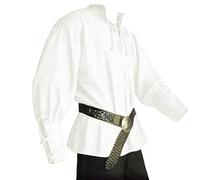 JIEFULL Men's Medieval Pirate Costume- Vintage Stand Collar Bandage Blouse- Mercenary Scottish Wide Cuff Shirt, White, Medium